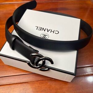 CHANEL 30mm Black Leather Belt  with Silver Logo Size 85cm🌟